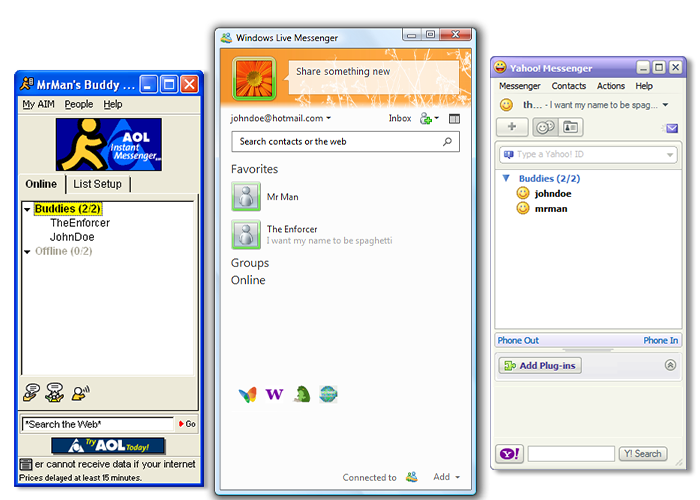 Windows Live Messenger 2011, Yahoo! Messenger 8.1, and AOL Instant Messenger 4.3 connected to CrossTalk